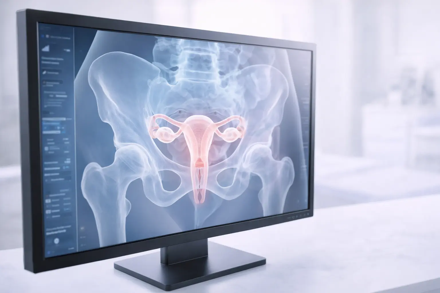 A high-definition medical monitor in a specialist clinic showing a detailed pelvic mapping scan for advanced endometriosis