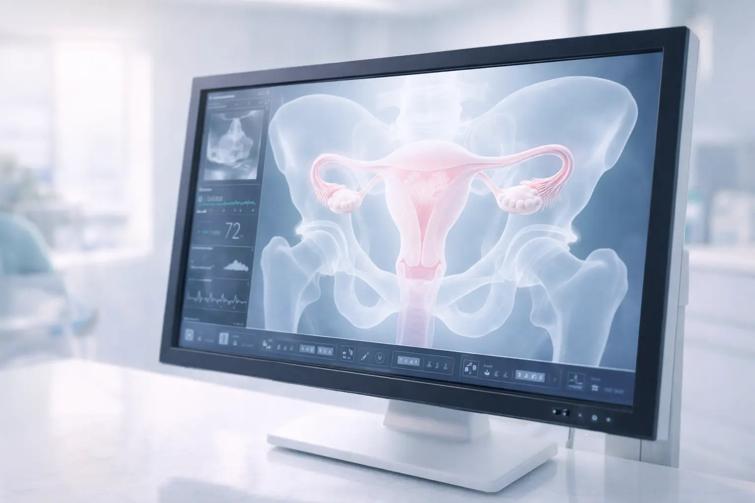 A professional high-definition monitor in a gynaecology clinic showing a detailed diagnostic pelvic scan for complex masses