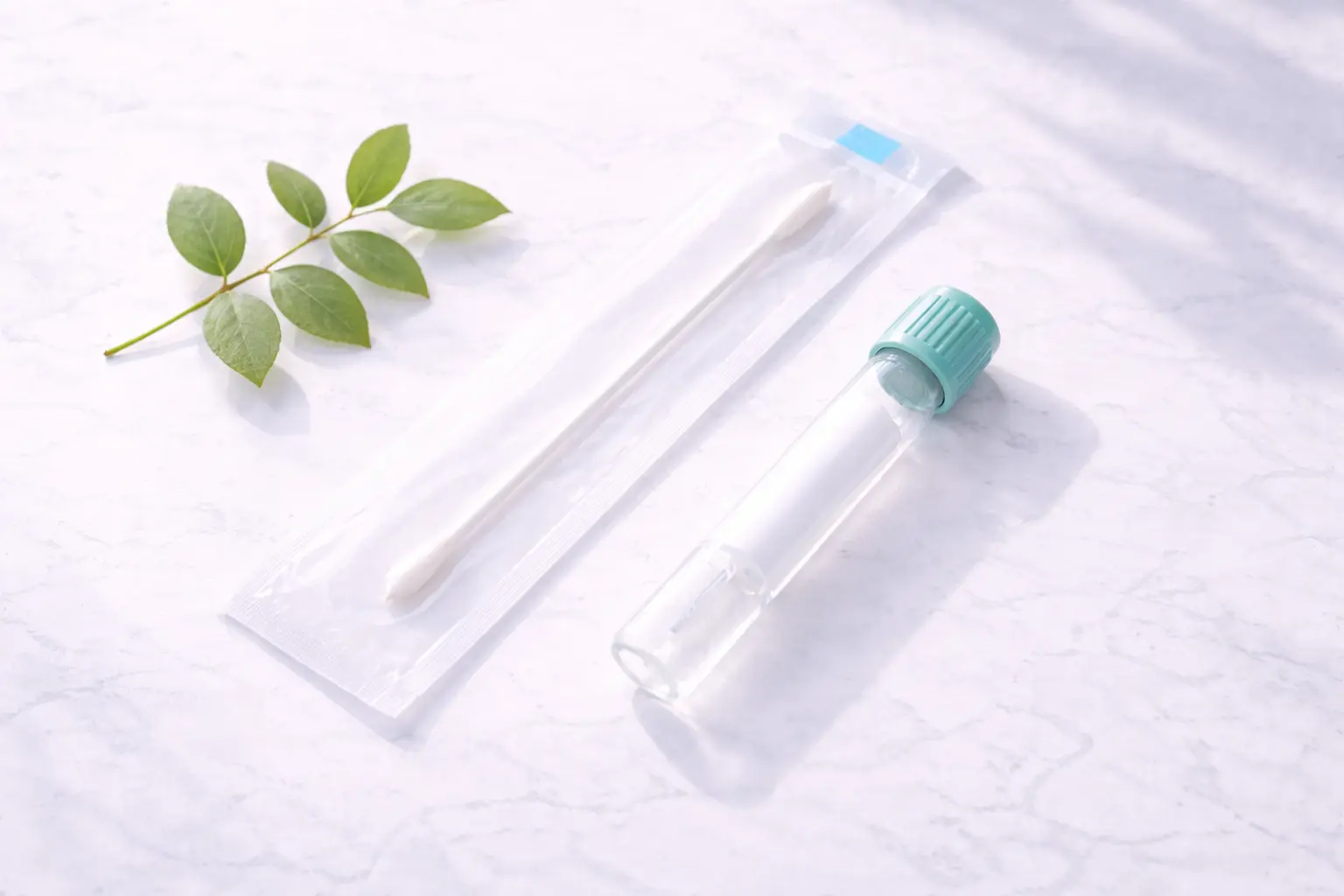 A sterile sexual health screening kit and wellness items on a clean clinical surface, representing a thorough and professional STI check