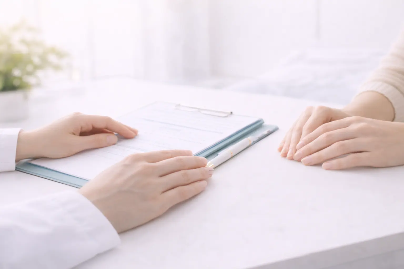 Close-up of a specialist's hands and a patient's hands reviewing a medical chart during an IUD removal consultation