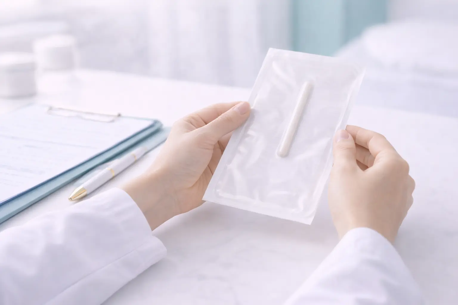 Close-up of a gynaecologist’s hands in a professional white coat holding a sterile contraceptive implant package