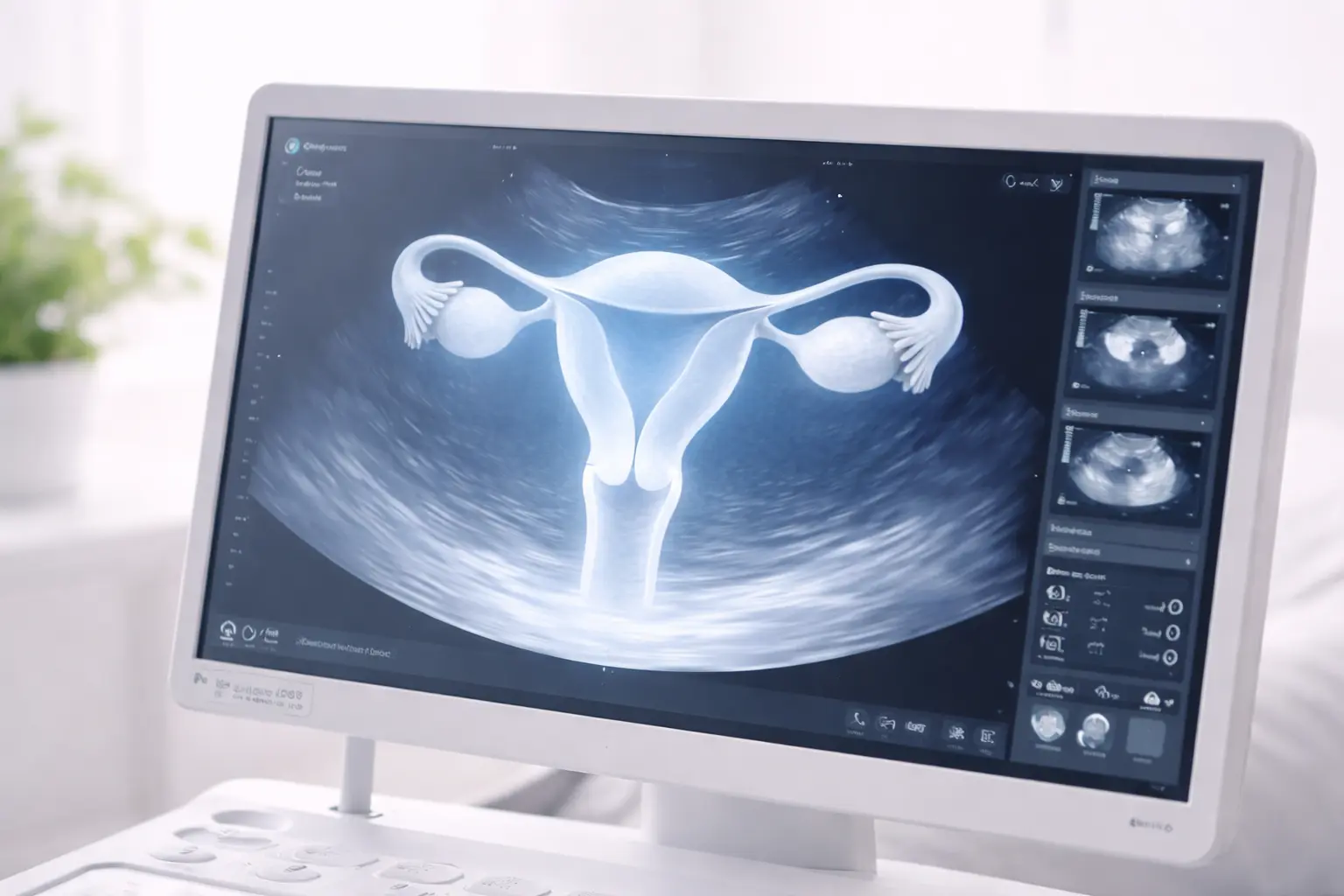 A high-definition medical monitor in a private clinic showing a detailed pelvic scan used by a specialist to diagnose adenomyosis