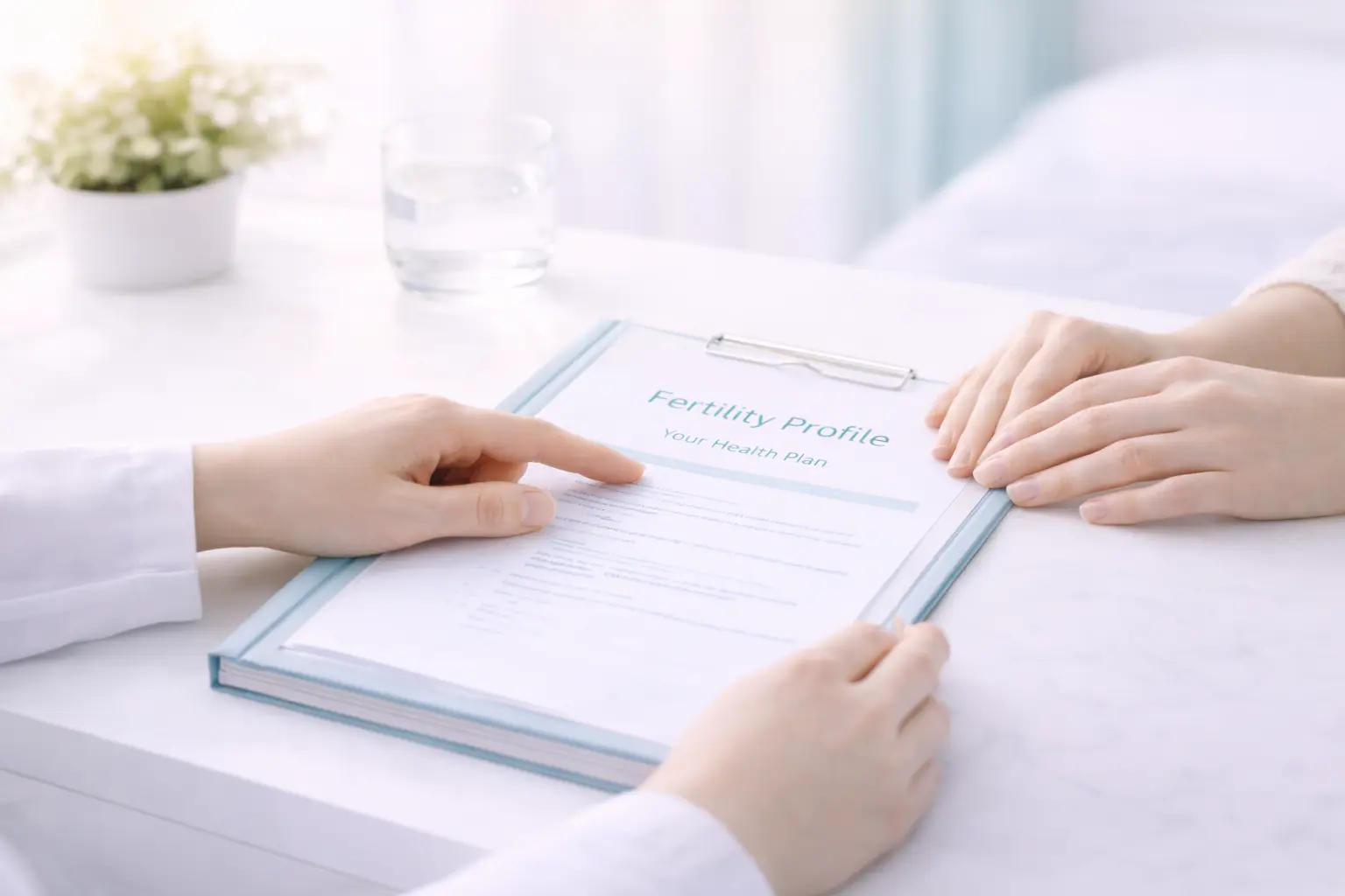 Close-up of a specialist's hands and a patient's hands reviewing a fertility health profile and next steps