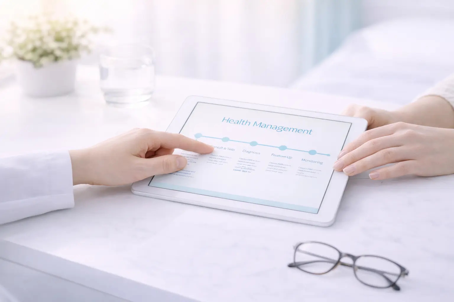 Close-up of a gynaecology specialist's hands reviewing a medical report and a long-term fibroid management plan with a patient
