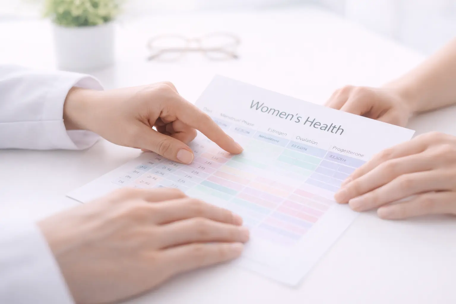 Close-up of a specialist's hands discussing a personalized hormonal health and surgical recovery plan with a patient