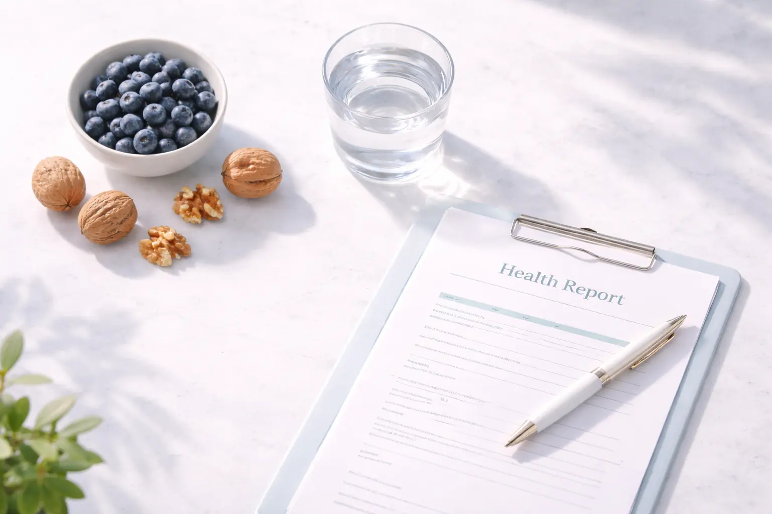A minimalist wellness flat-lay featuring a healthy breakfast and a medical folder, representing a holistic approach to PCOS care