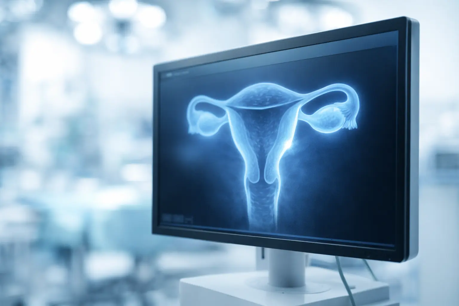 A high-definition medical monitor in a sterile clinic showing a detailed diagnostic scan used to map fibroids before a myomectomy