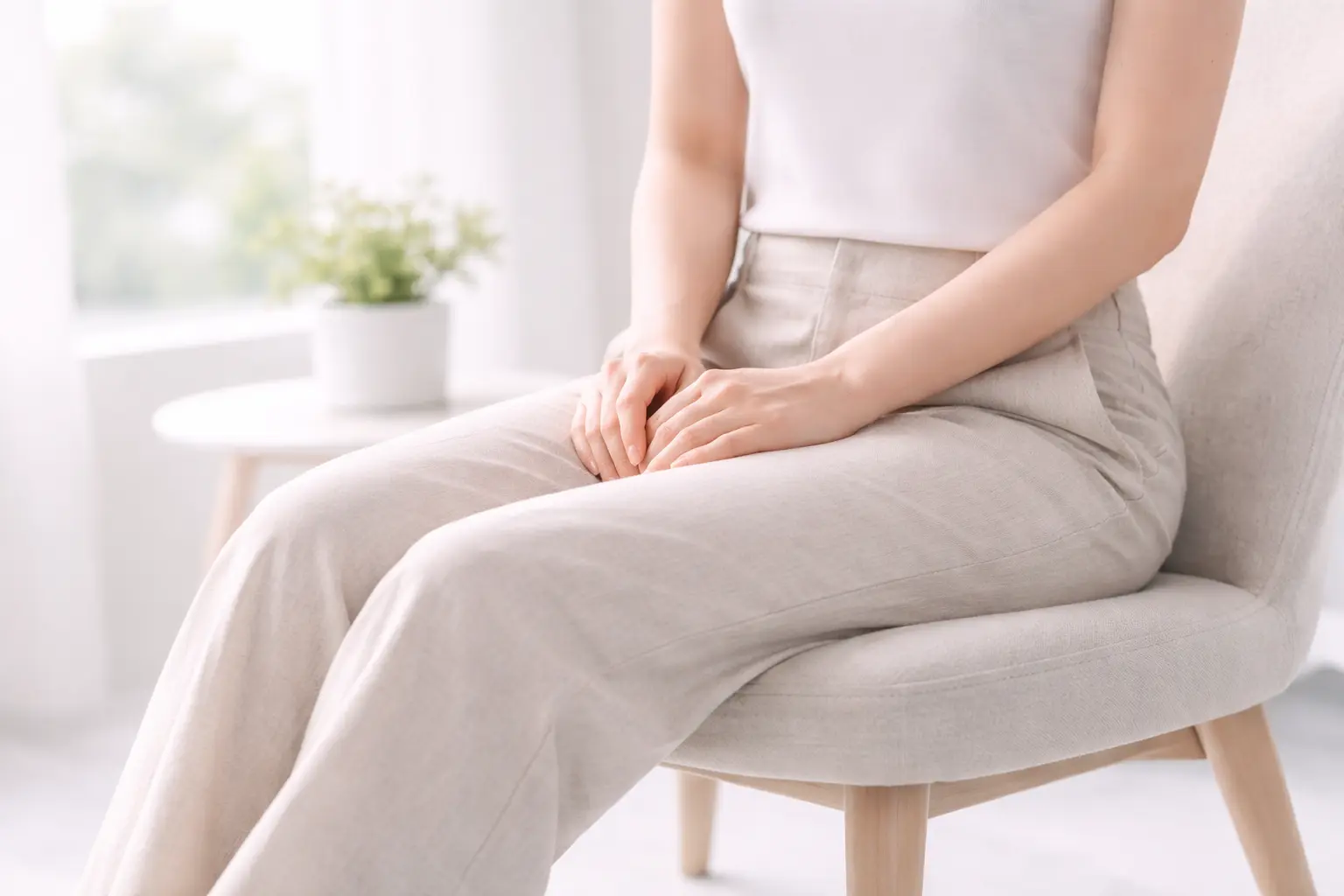 A woman sitting comfortably in a bright, airy room, representing the physical relief and recovery following a keyhole hysterectomy