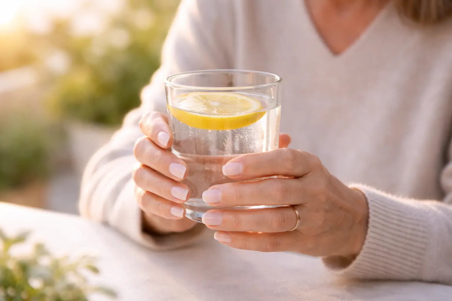A mature woman gently holding a fresh green leaf or a glass of water, symbolizing hormonal balance and wellness after a menopause check