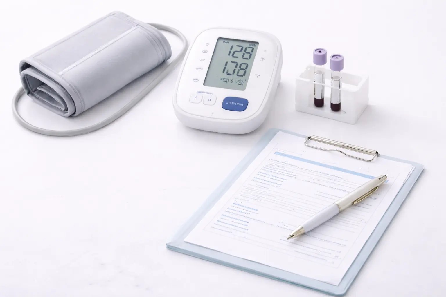 A clinical layout of a blood pressure cuff and medical vials, representing a comprehensive menopausal health assessment