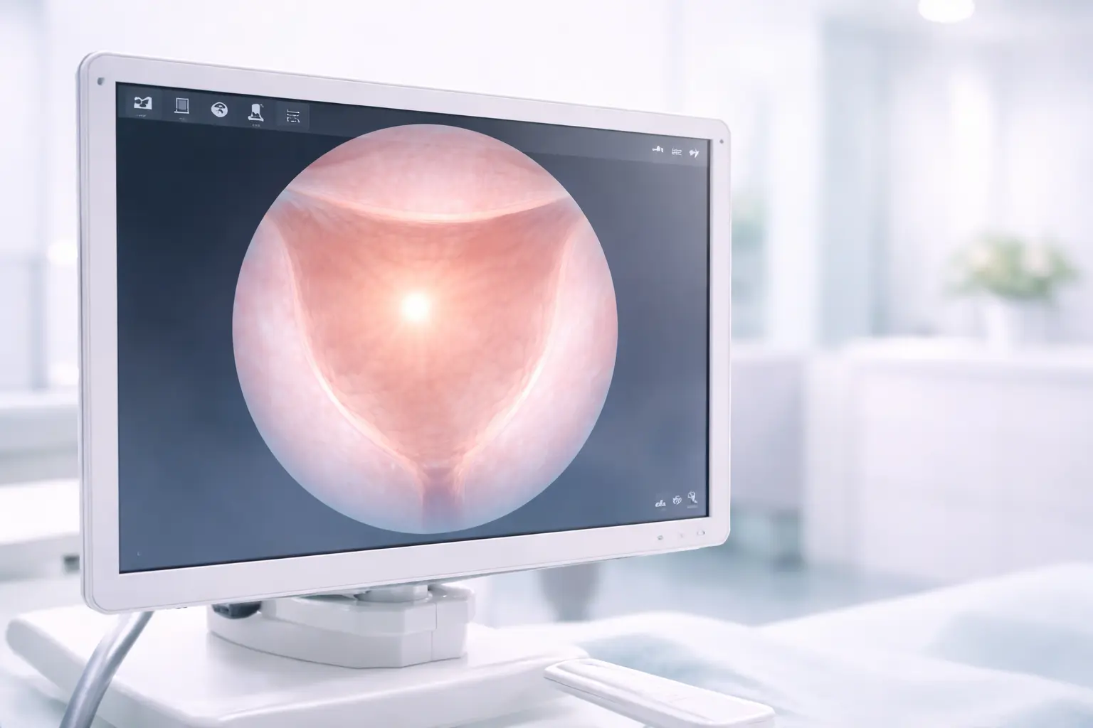 A sleek high-definition medical monitor in a private gynaecology clinic showing a clear diagnostic view of the uterine cavity