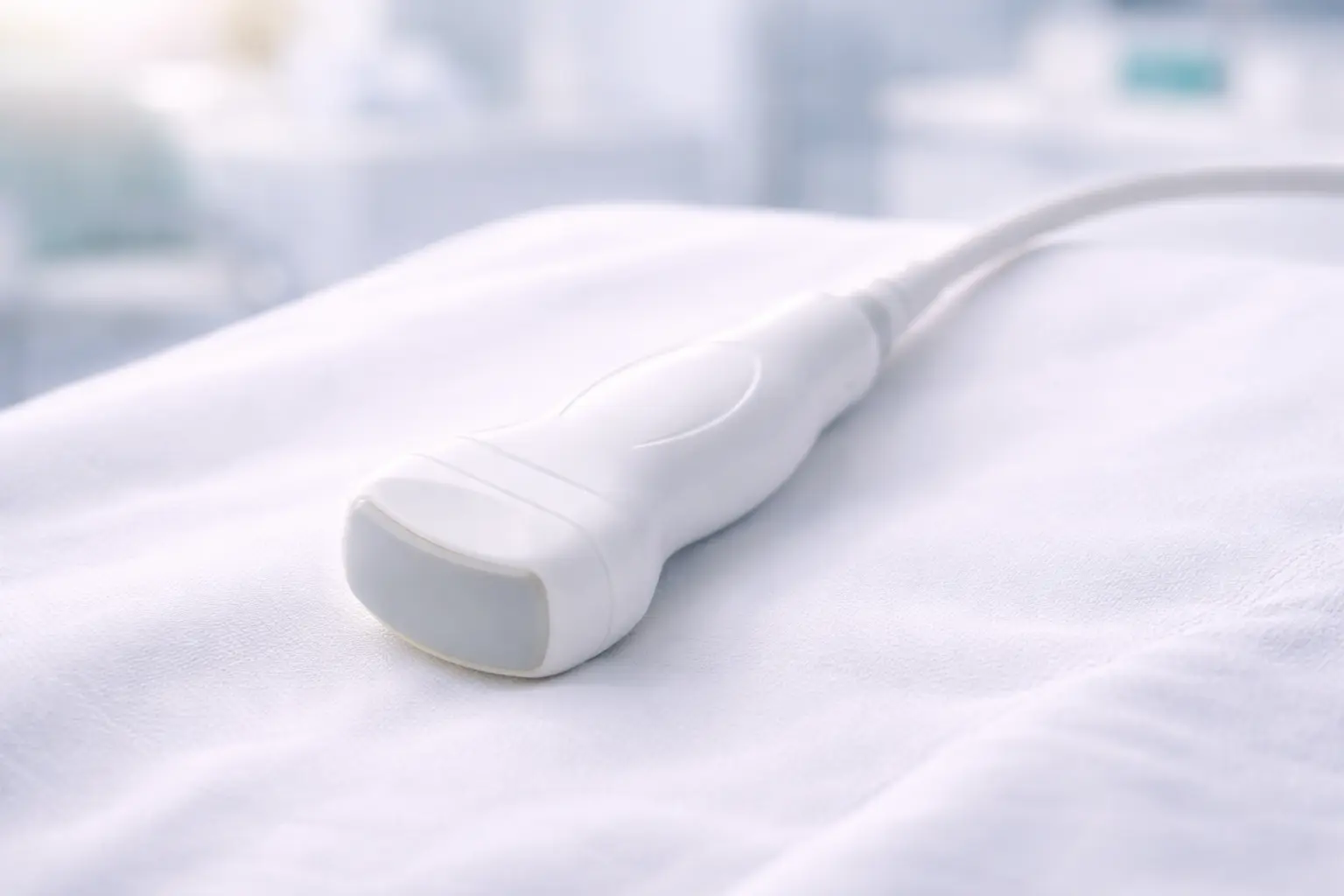 A modern high-end pelvic ultrasound probe resting on a sterile clinical surface in a private gynaecology suite
