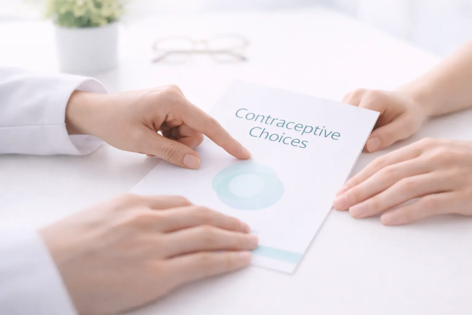 Close-up of a gynaecologist’s hands and a patient’s hands during a supportive consultation regarding permanent contraception