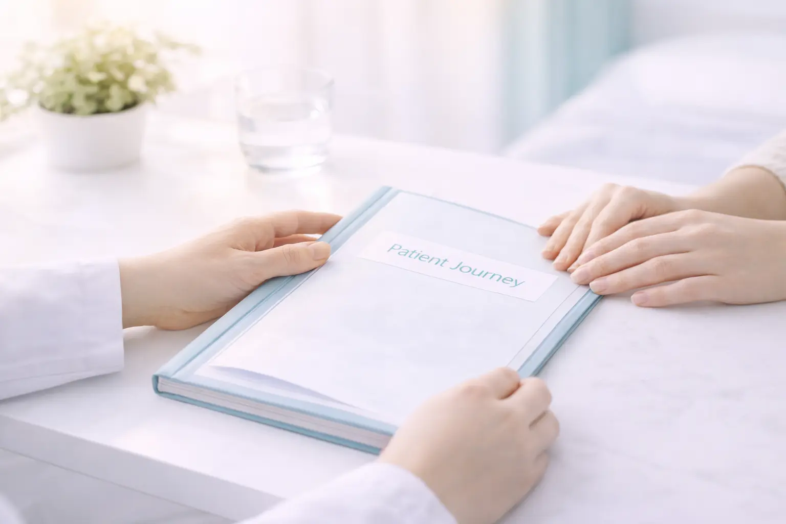 Close-up of a patient’s and specialist's hands reviewing a structured endometriosis management and recovery plan