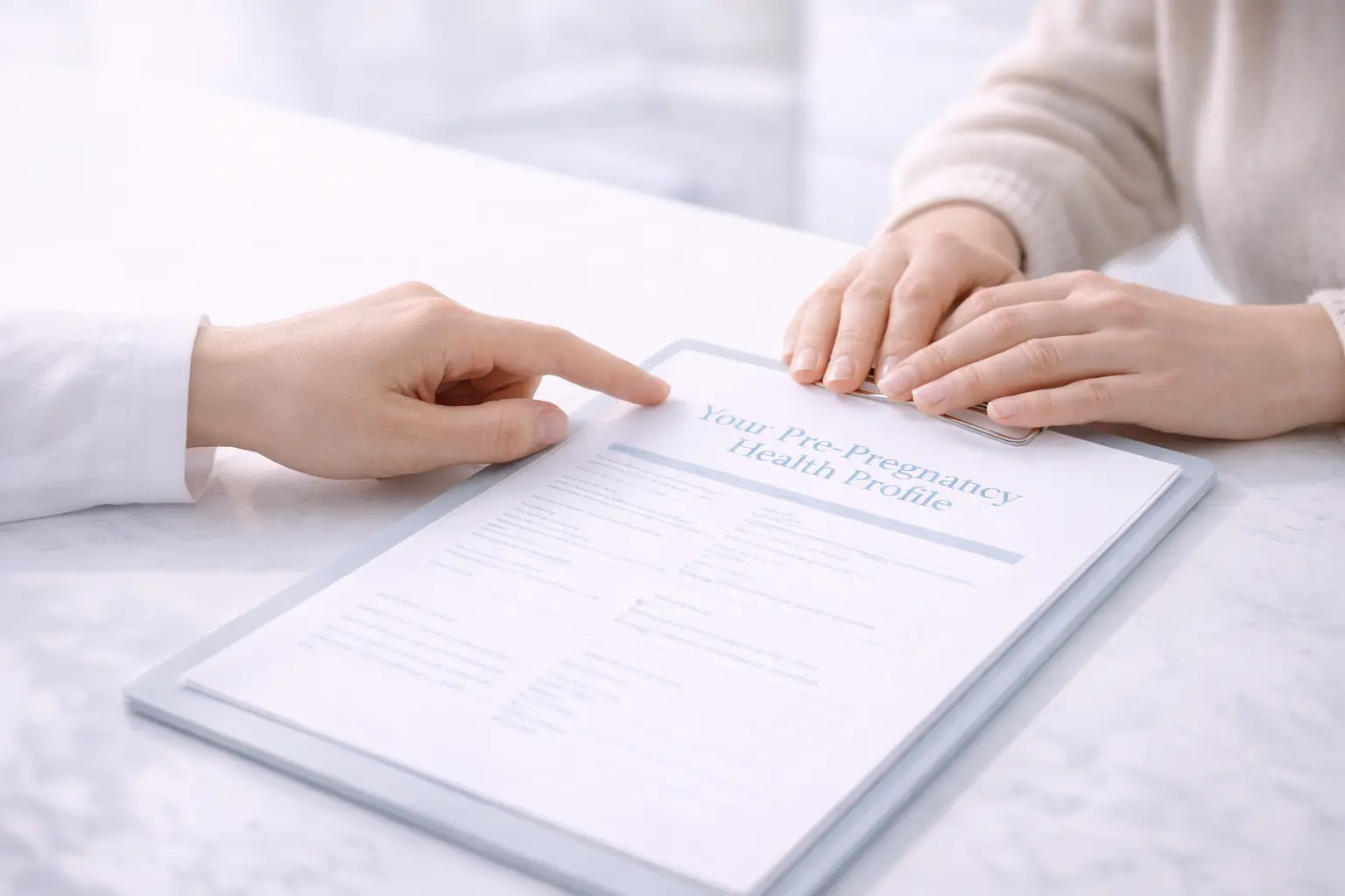 Close-up of a specialist's hands and a patient's hands reviewing a personalized pre-pregnancy health profile and blood test results