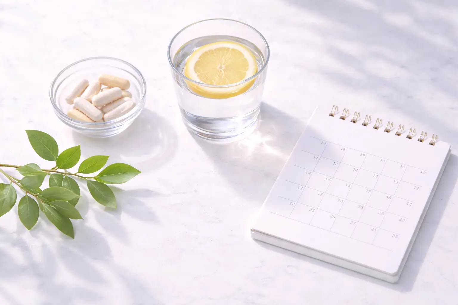  A minimalist wellness flat-lay featuring prenatal supplements and a glass of water, representing pre-pregnancy planning