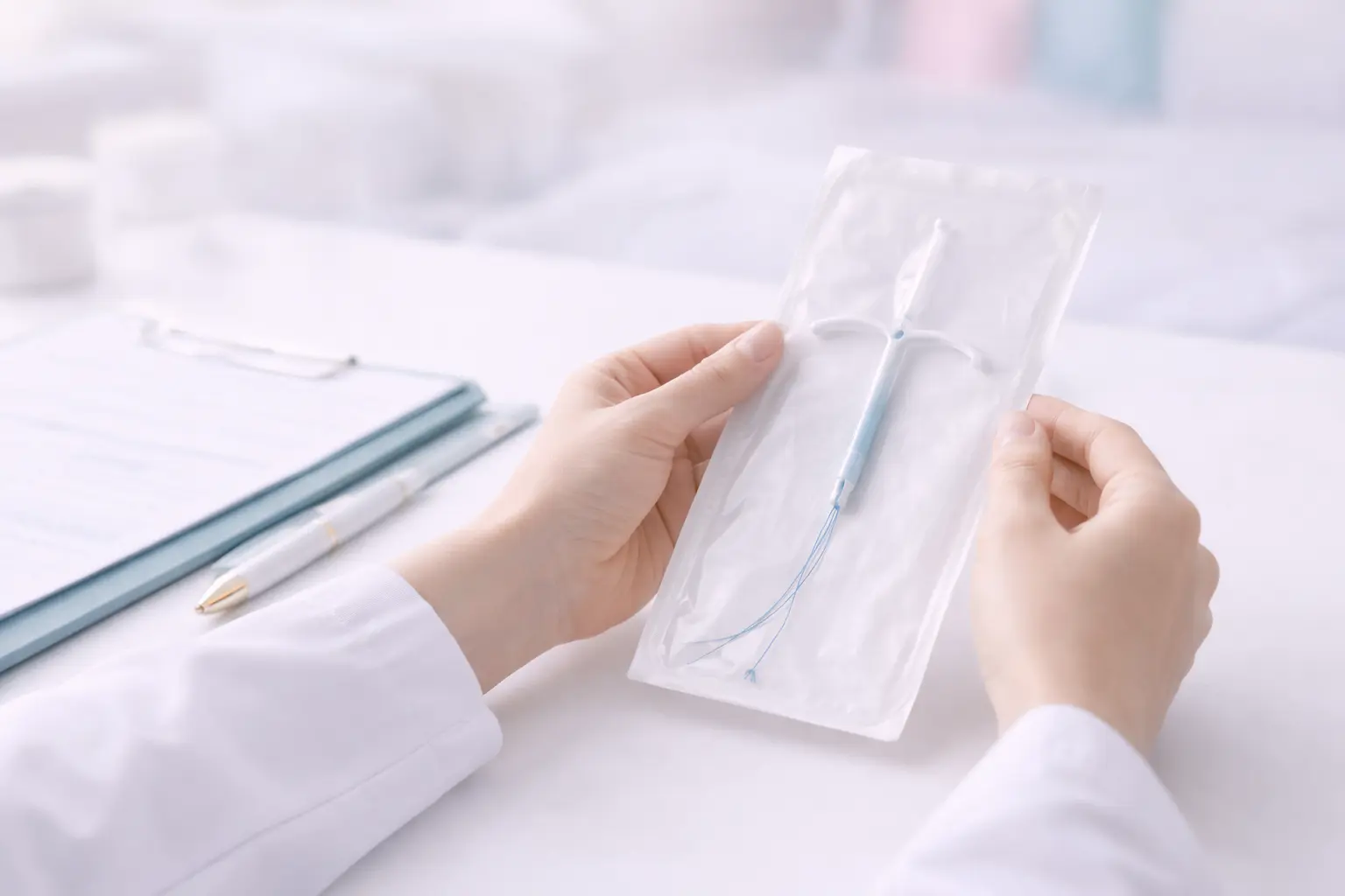 Close-up of a gynaecologist's hands holding medical documentation and a sterile IUD package during a patient consultation