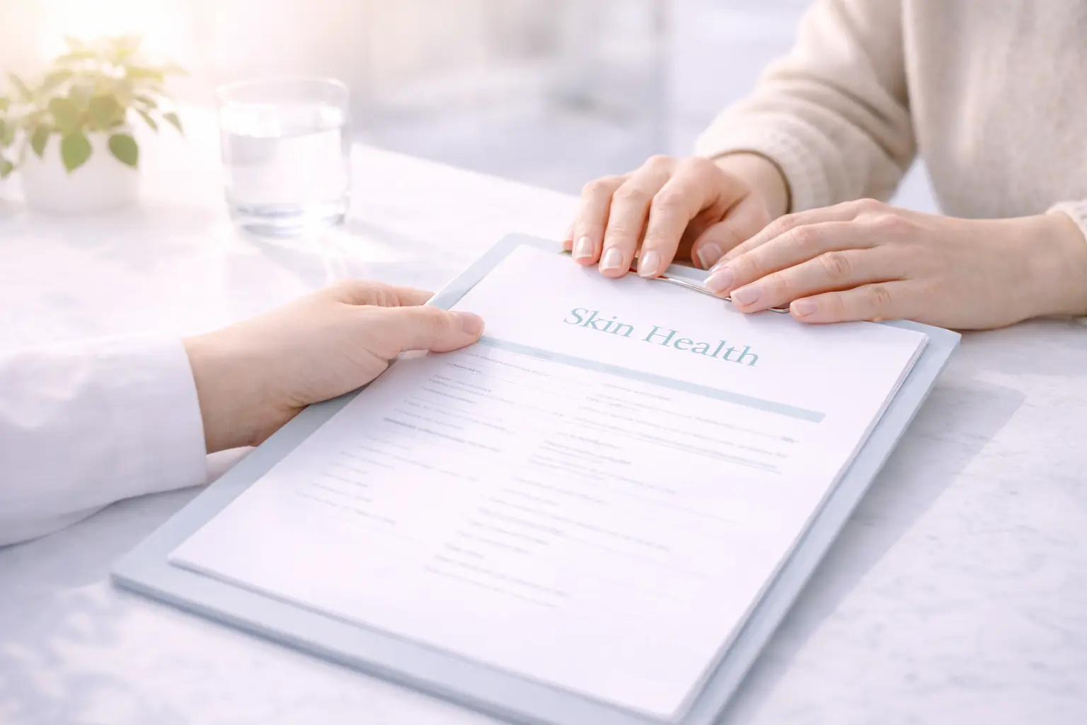 Close-up of a specialist's hands providing a structured treatment and aftercare plan for recurrent thrush management