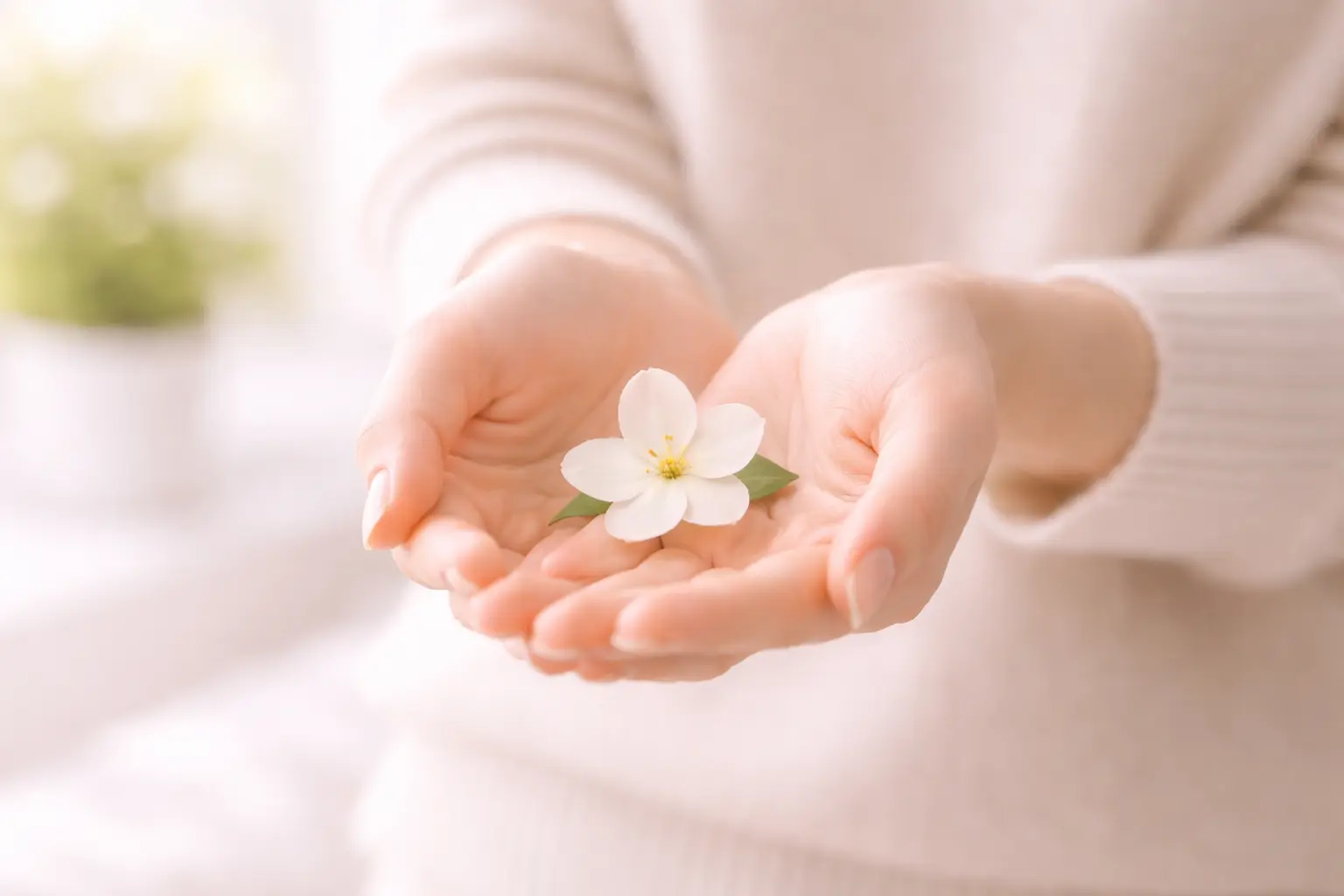 A woman’s hands gently cupping a small white flower, representing growth and the hope of restored fertility