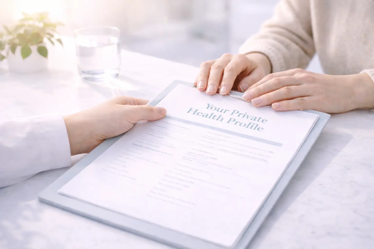 Close-up of a specialist’s hands and a patient’s hands reviewing a private sexual health profile and diagnostic results