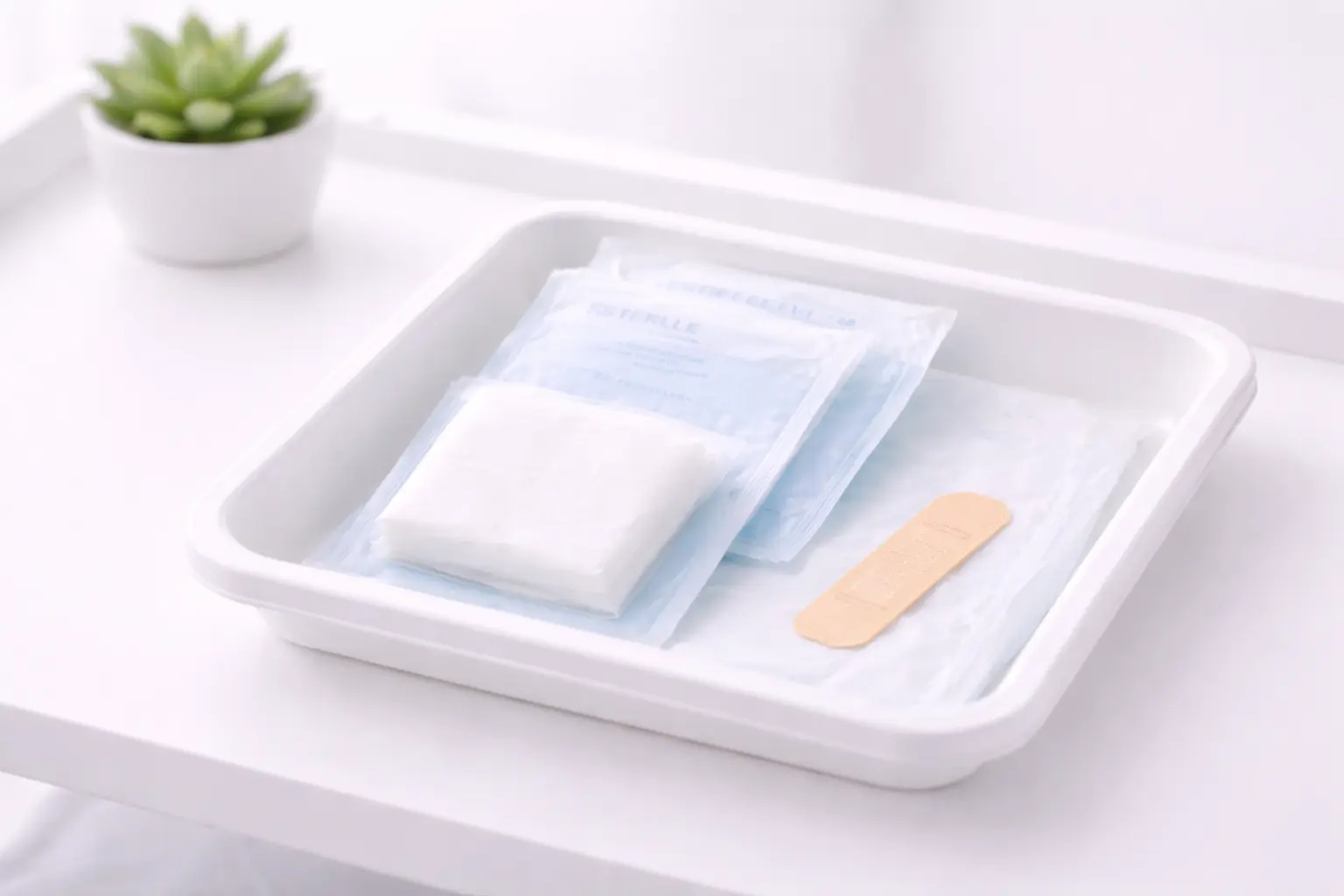 A sterile medical tray with clean supplies and a small adhesive bandage, representing the gentle aftercare for implant removal