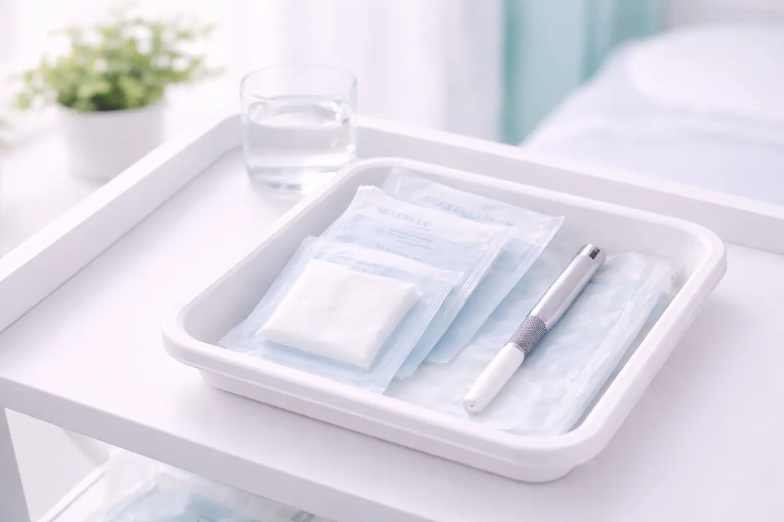 A sterile stainless steel medical tray with clean supplies and a generic health brochure in a modern private clinic
